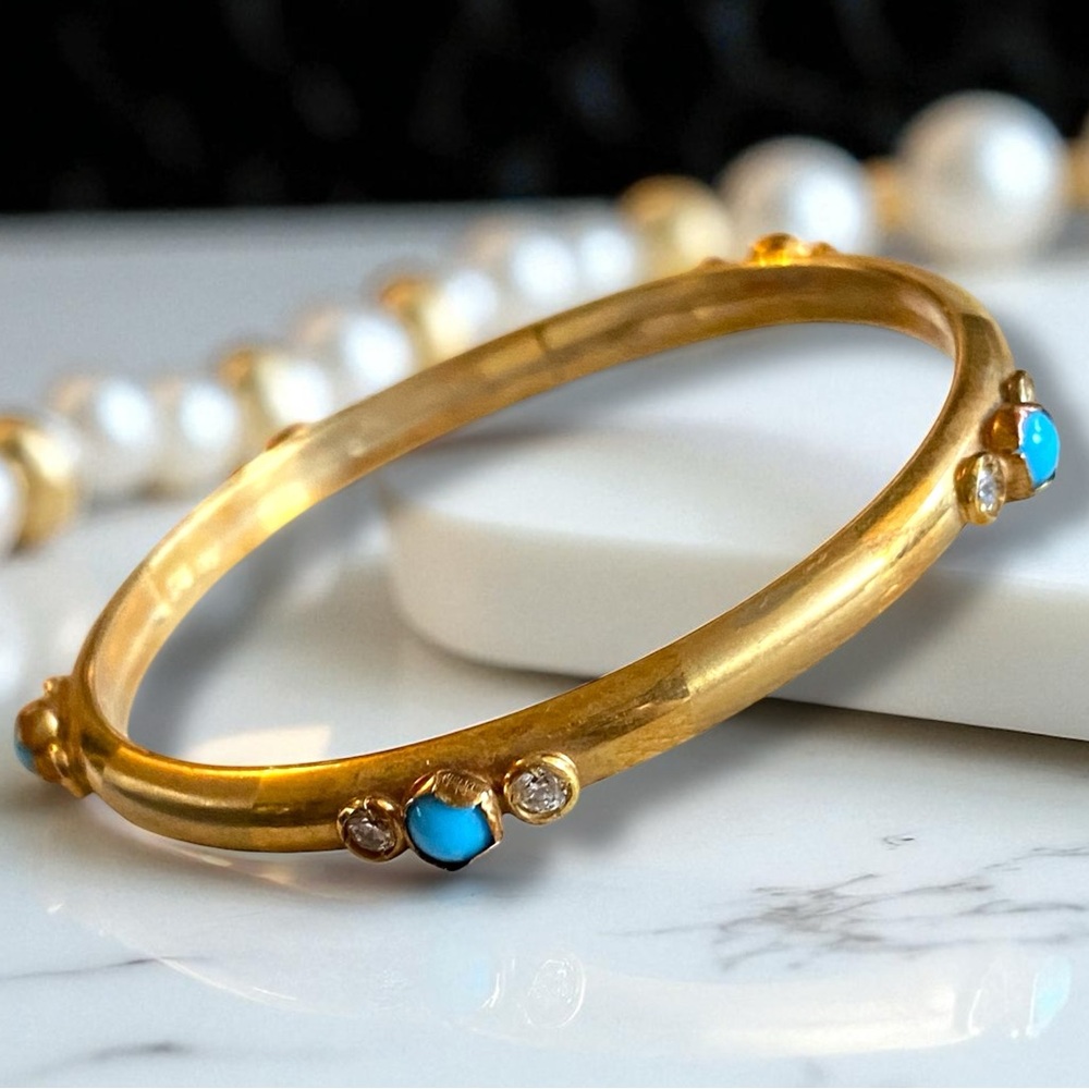 BEAUTIFUL Vintage 14k Yellow Gold Bezel TURQUOISE 4mm Wide BABY Bangle Bracelet!